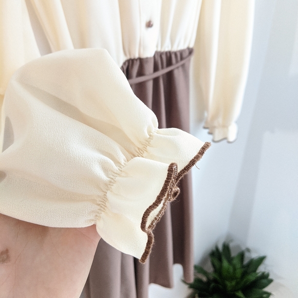 Vtg 70s/80s Brown/Cream Frilled Ruffled Boho Dress - Picture 8 of 12